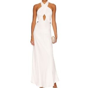 BARDOT SZ 10 Orchid White Wyn Satin Halter A-Line Cutout Maxi Dress NWT B42